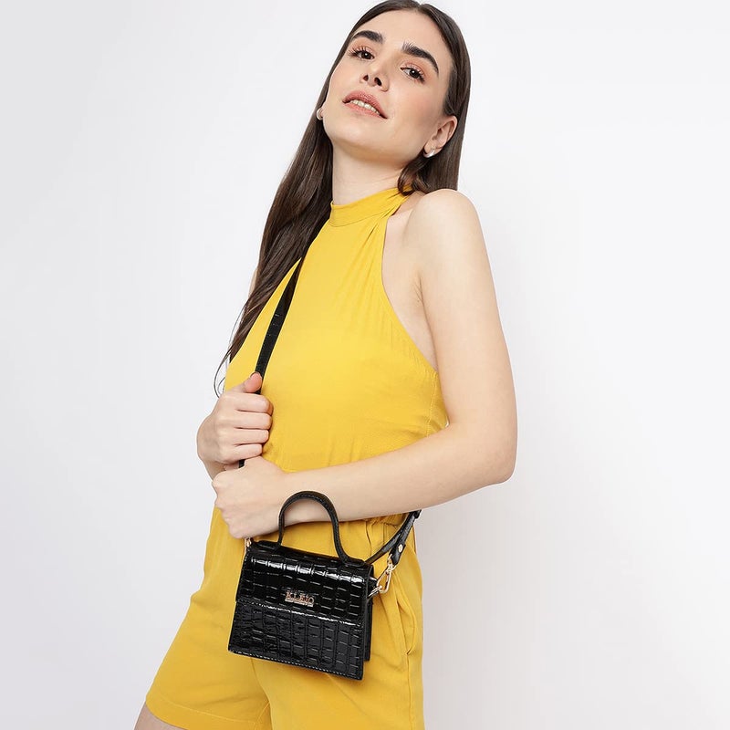 KLEIO PU Leather Top Handle Mini Handbag with Detachable Sling - Black - Image 3